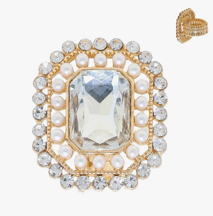 Rectangular Octagon Rhinestone Gem Halo Cocktail Ring