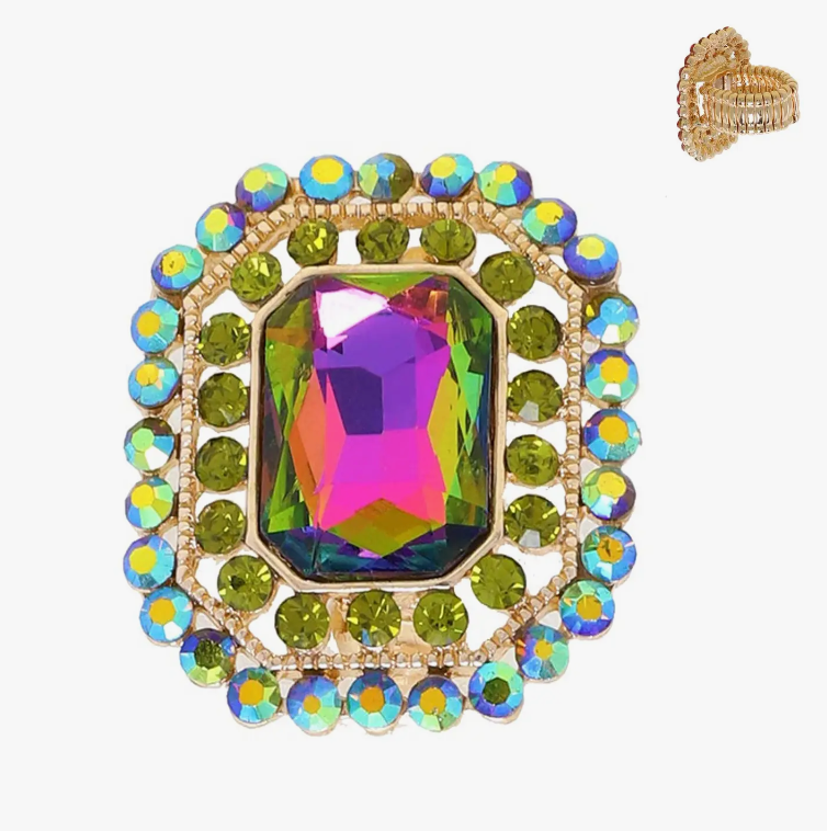 Rectangular Octagon Rhinestone Gem Halo Cocktail Ring