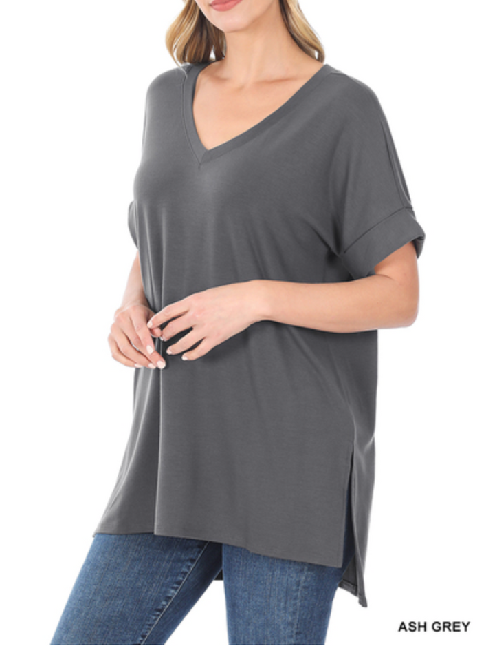 Zenana - Rolled Short Sleeve Side Slit Hi-Low Hem Top