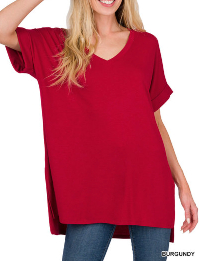 Zenana - Rolled Short Sleeve Side Slit Hi-Low Hem Top