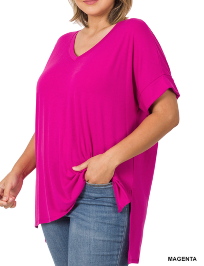 Zenana - Rolled Short Sleeve Side Slit Hi-Low Hem Top