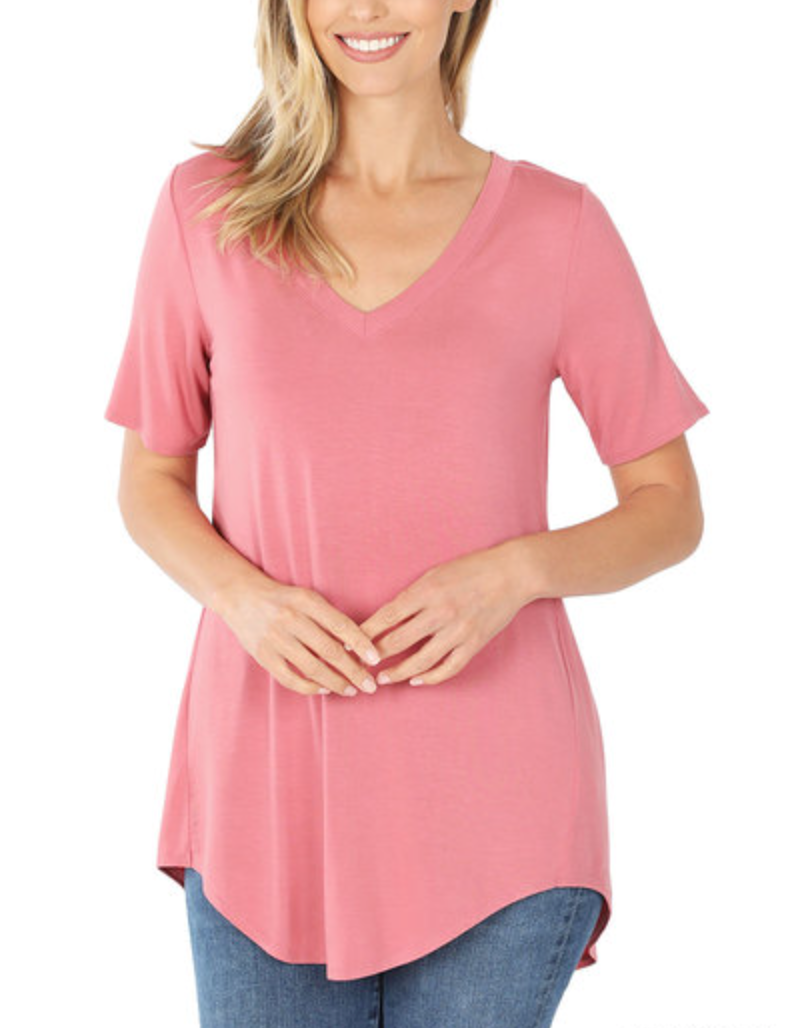 Zenana - LUXE RAYON SHORT SLEEVE V-NECK HI-LOW HEM TOP