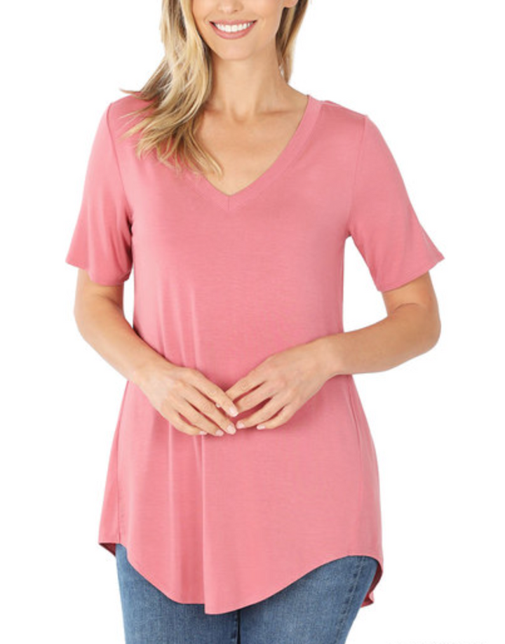 Zenana - LUXE RAYON SHORT SLEEVE V-NECK HI-LOW HEM TOP