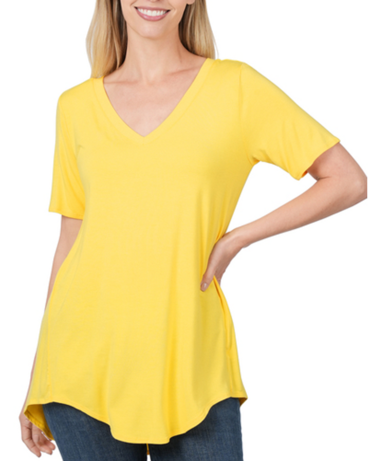 Zenana - LUXE RAYON SHORT SLEEVE V-NECK HI-LOW HEM TOP