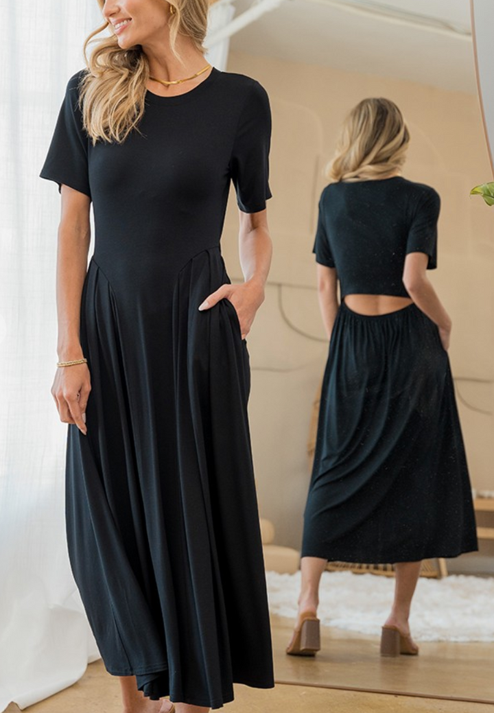 Sew in Love - Solid Short Sleeve Maxi Dress with Open Low Back