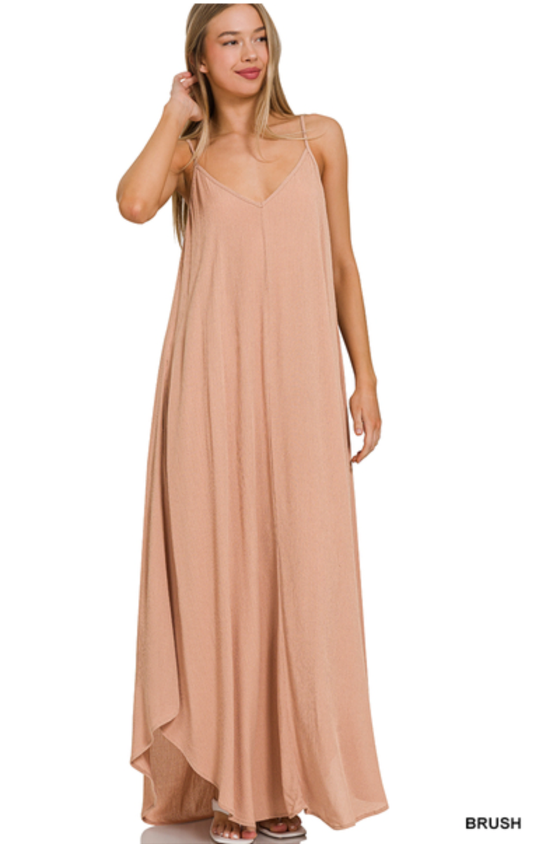 Zenana - WOVEN CRINKLE CAMI MAXI DRESS W SIDE POCKETS