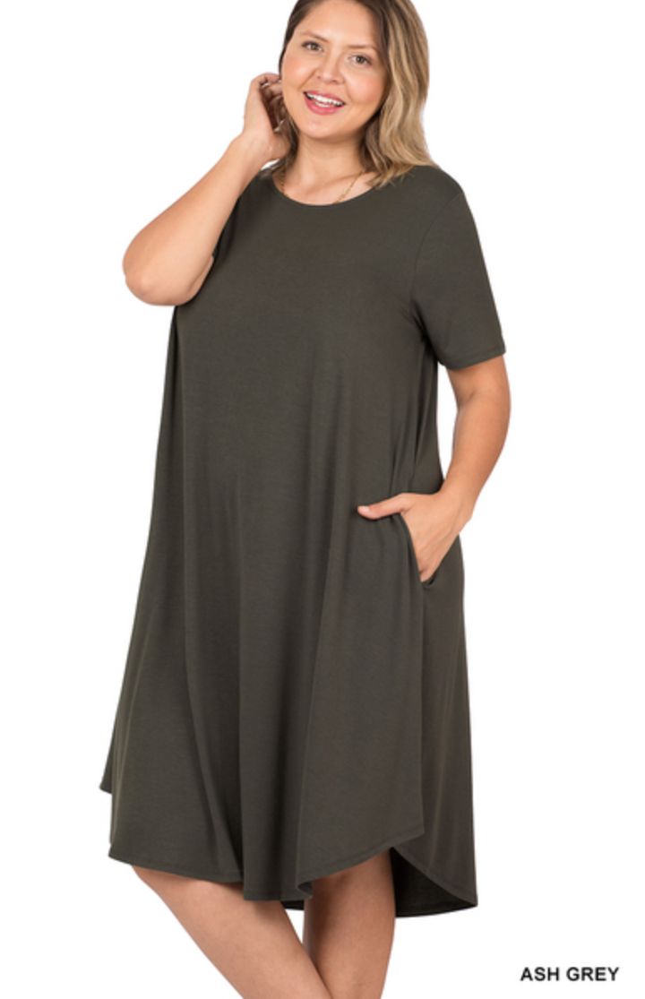 Zenana - SHORT SLEEVE ROUND NECK KNEE LENGTH DRESS