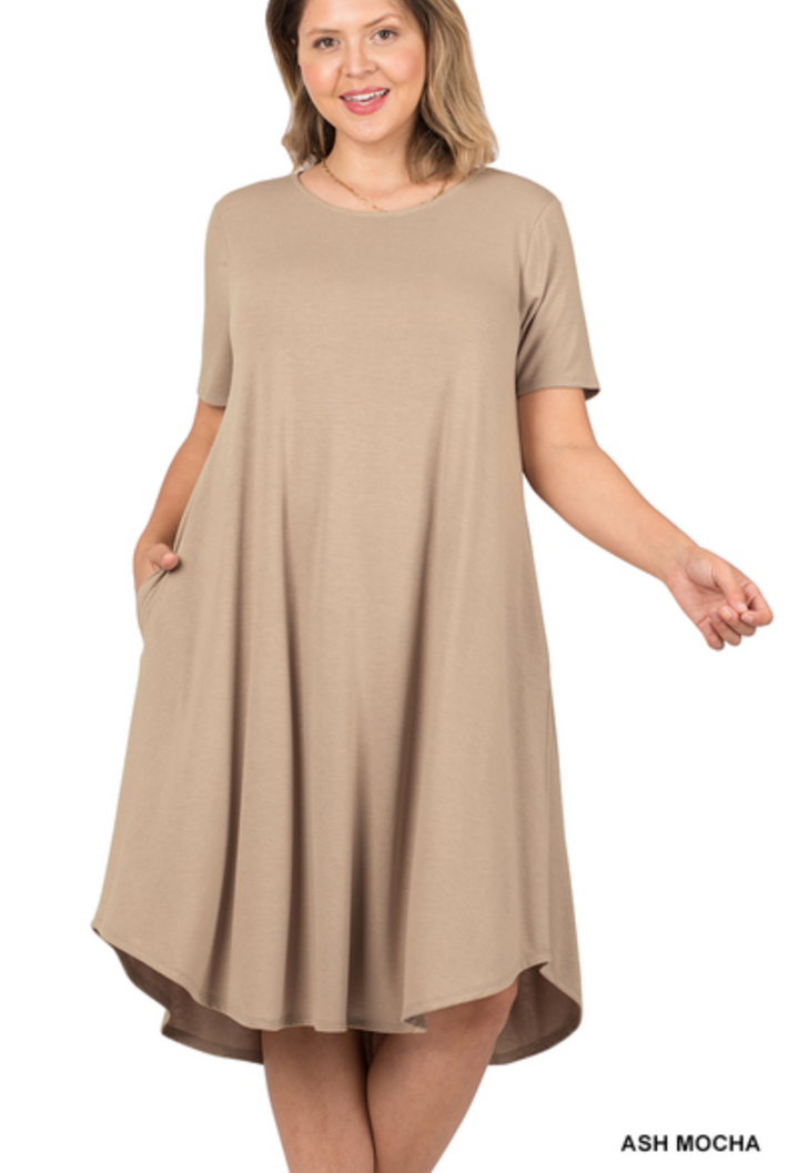 Zenana - SHORT SLEEVE ROUND NECK KNEE LENGTH DRESS