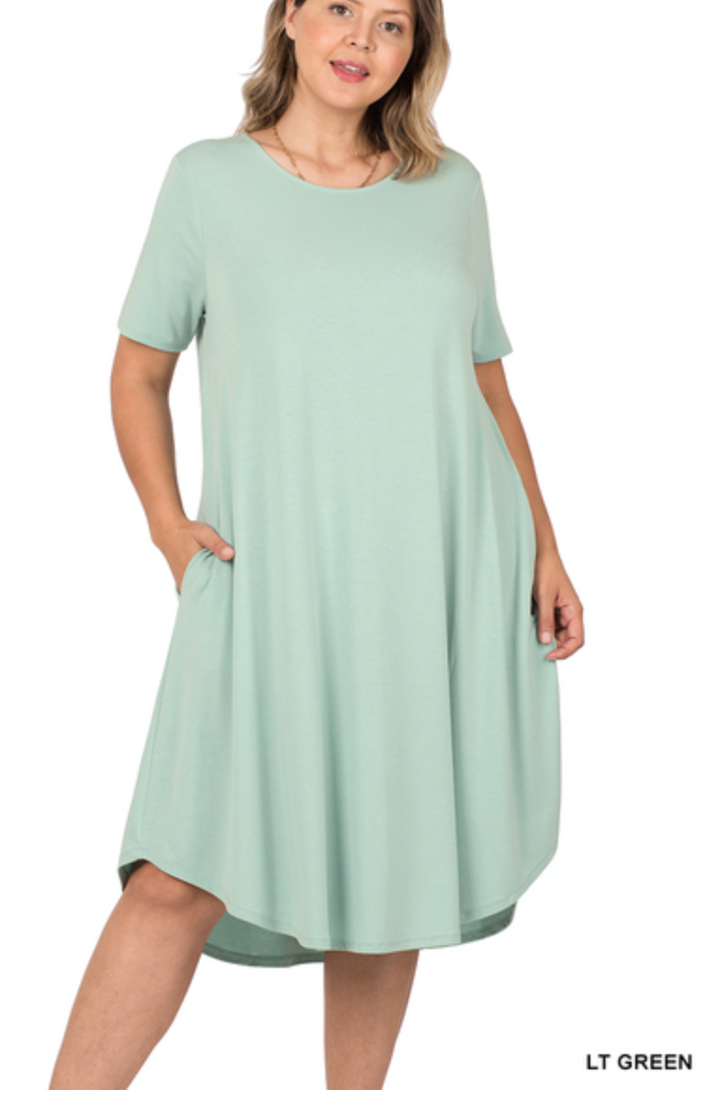 Zenana - SHORT SLEEVE ROUND NECK KNEE LENGTH DRESS