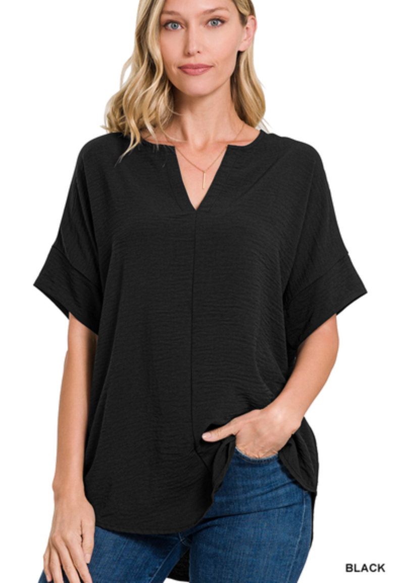 Zenana - WOVEN AIRFLOW SPLIT NECK SHORT SLEEVE TOP
