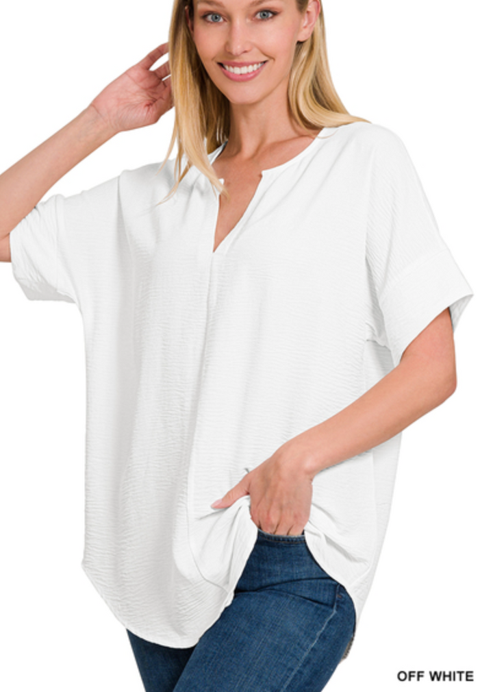 Zenana - WOVEN AIRFLOW SPLIT NECK SHORT SLEEVE TOP