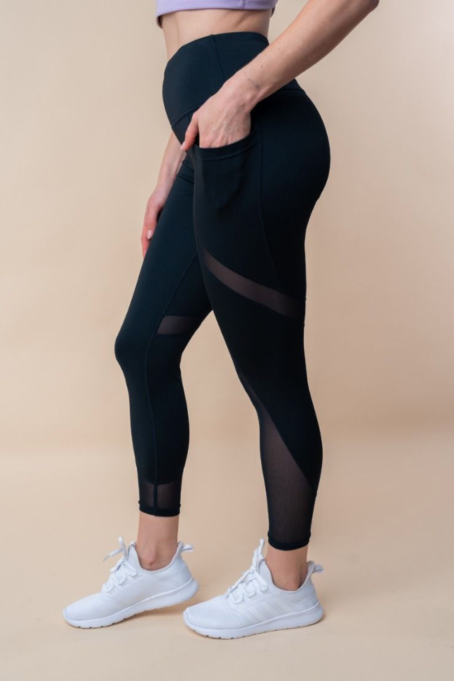 White Birch - High Waist Black Leggings with Mesh Design