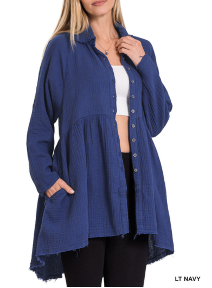 Zenana - Cotton gauze raw edge shirt with pockets