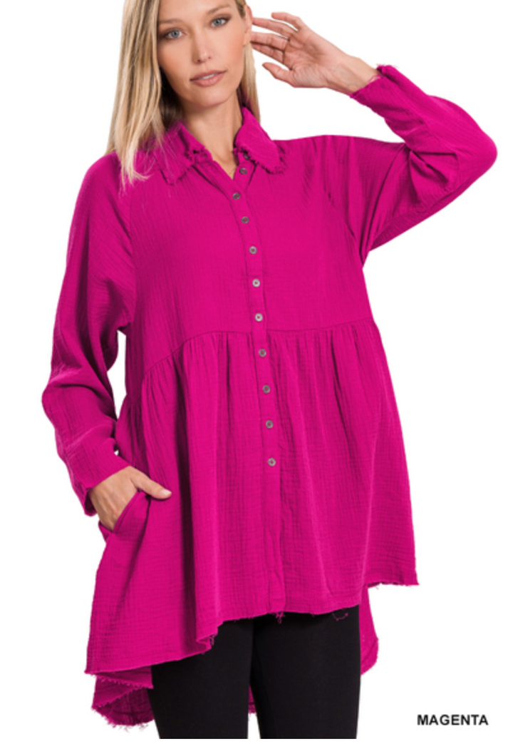 Zenana - Cotton gauze raw edge shirt with pockets