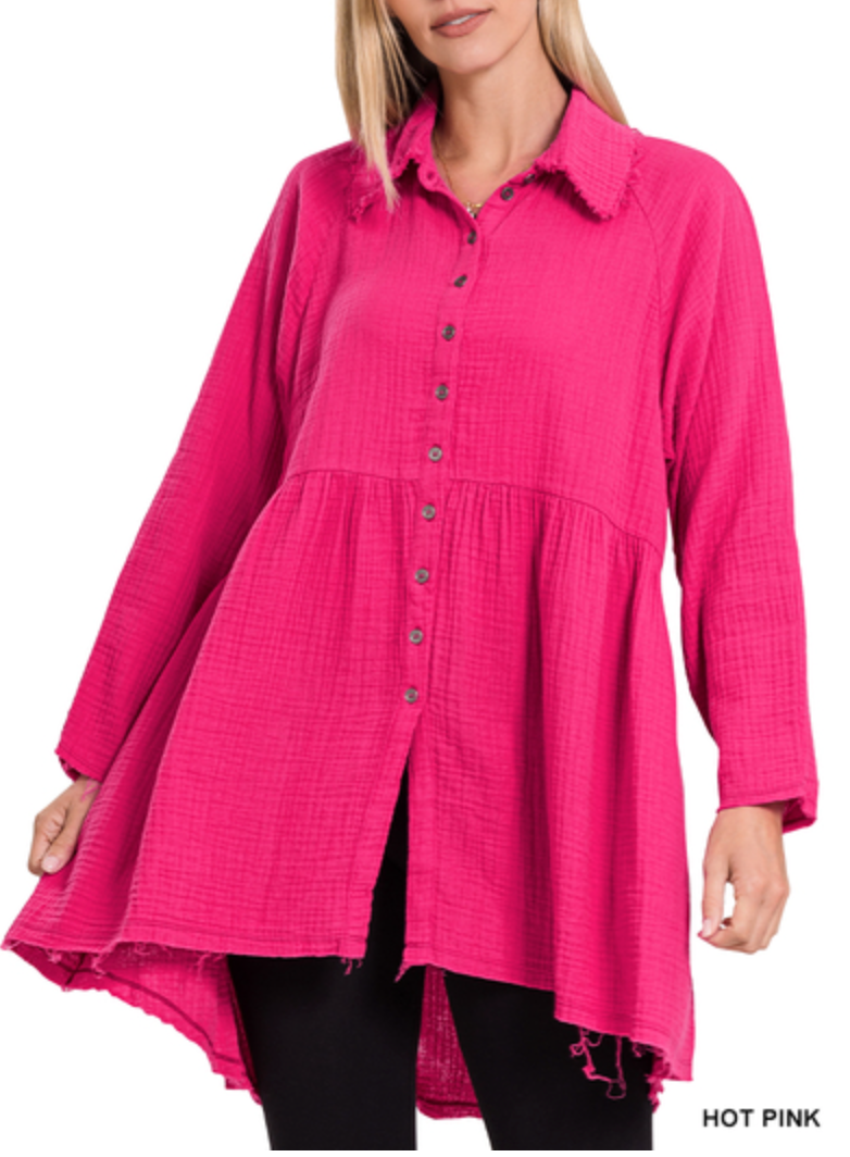 Zenana - Cotton gauze raw edge shirt with pockets