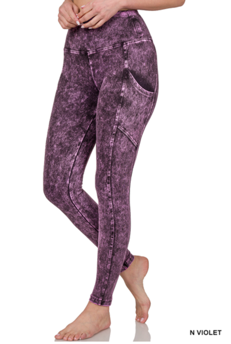 Zenana - Mineral wash wide waistband full length leggings
