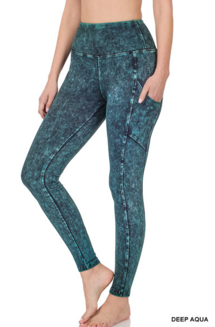 Zenana - Mineral wash wide waistband full length leggings