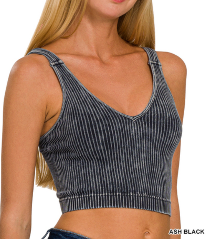 Zenana - Washed Ribbed V Neck Bralette