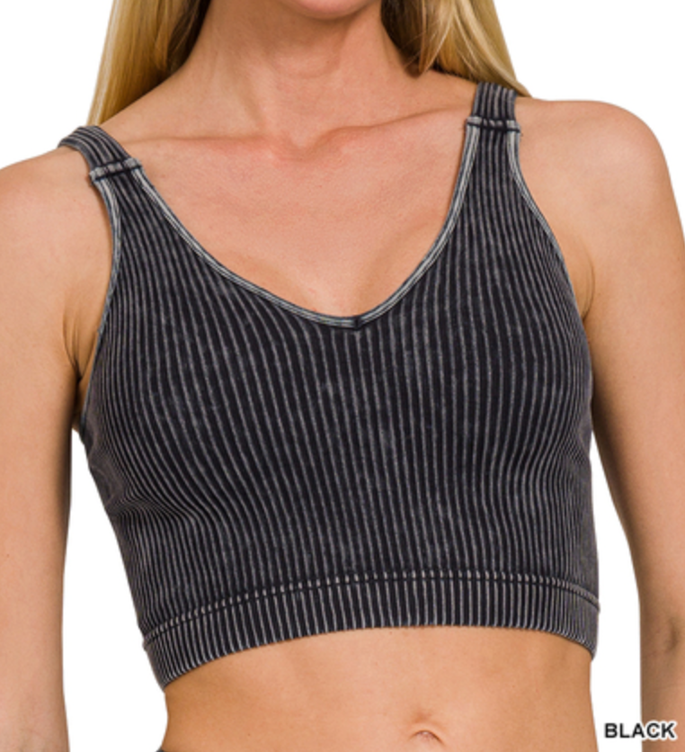 Zenana - Washed Ribbed V Neck Bralette