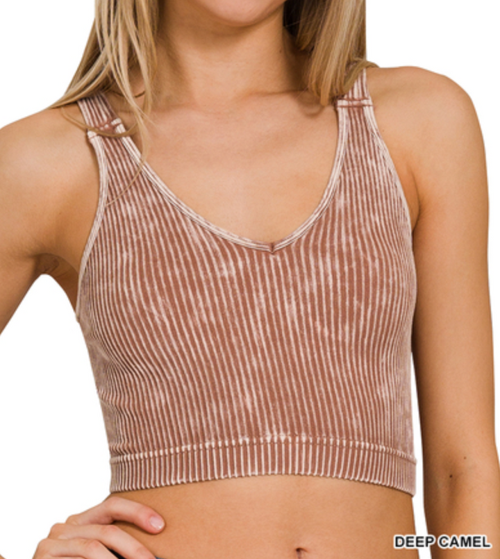 Zenana - Washed Ribbed V Neck Bralette