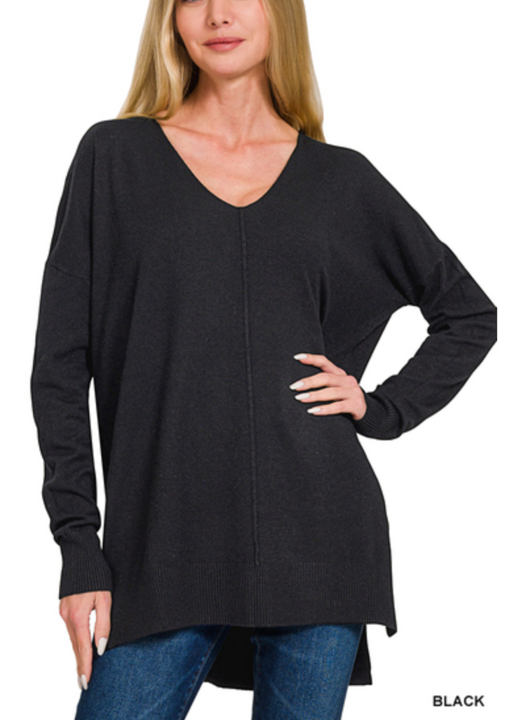 Zenana - V Neck Hi Low Sweater