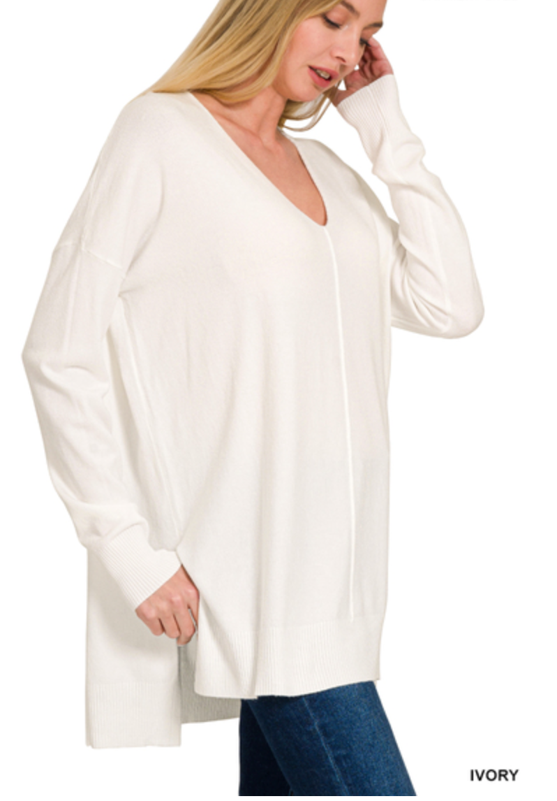 Zenana - V Neck Hi Low Sweater