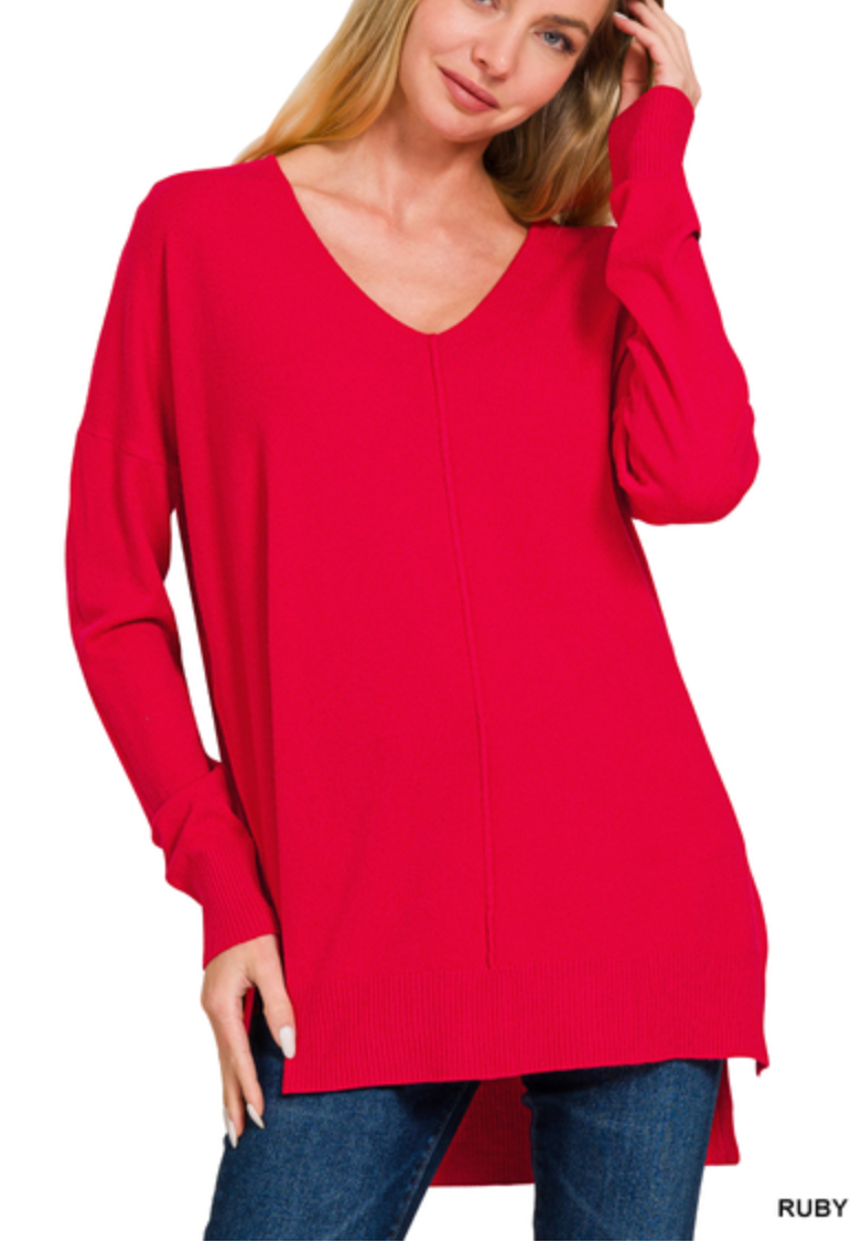 Zenana - V Neck Hi Low Sweater