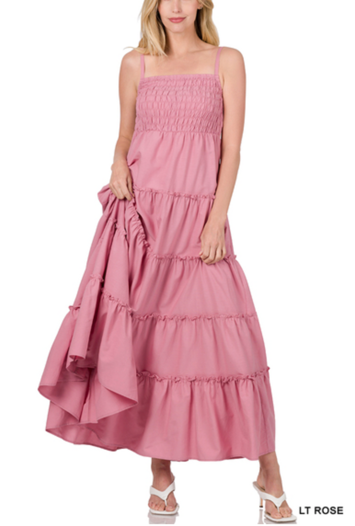 Zenana - Woven smocked top tiered cami maxi dress