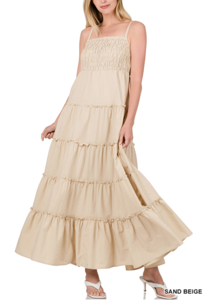 Zenana - Woven smocked top tiered cami maxi dress