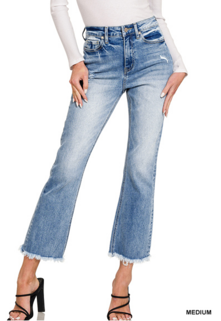 Zenana - High rise straight raw hem cropped denim pants