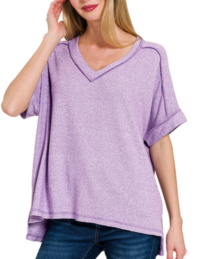 Zenana - Hacci V Neck Short Sleeve Top