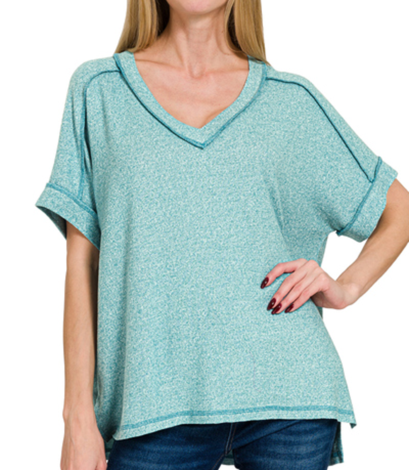 Zenana - Hacci V Neck Short Sleeve Top