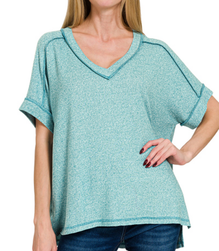 Zenana - Hacci V Neck Short Sleeve Top