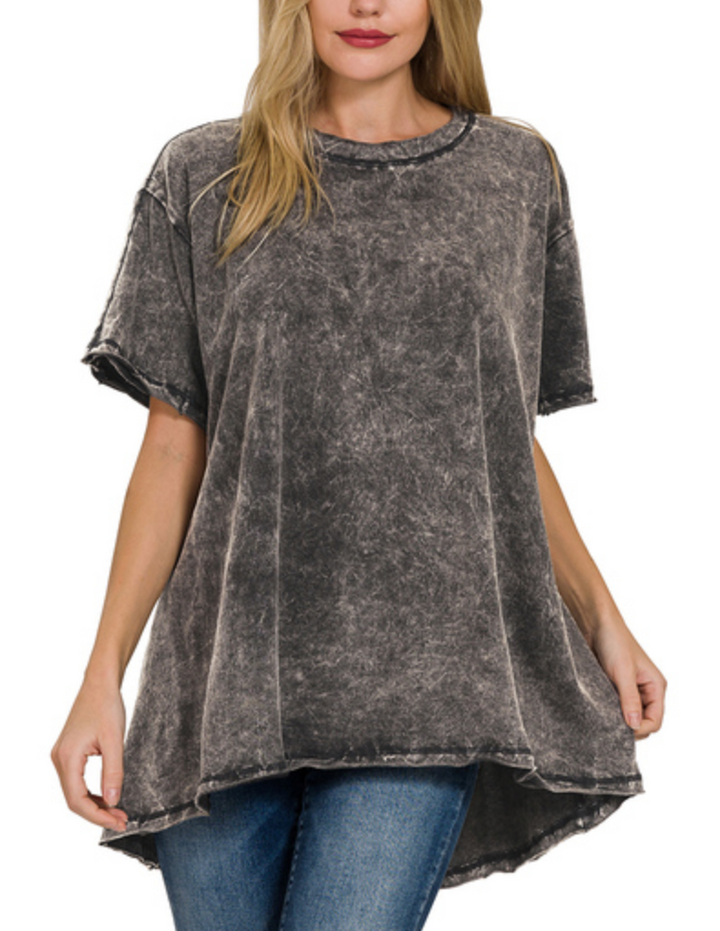 Zenana - Acid Wash Oversized Scoop Neck Top
