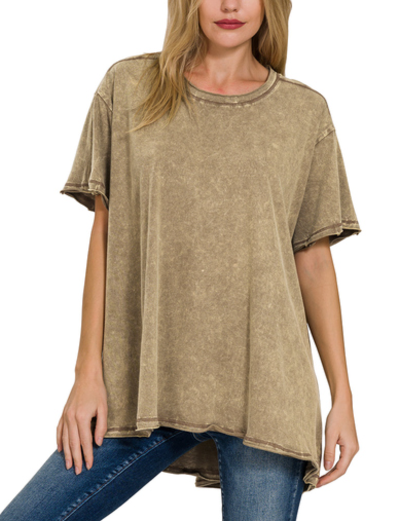 Zenana - Acid Wash Oversized Scoop Neck Top