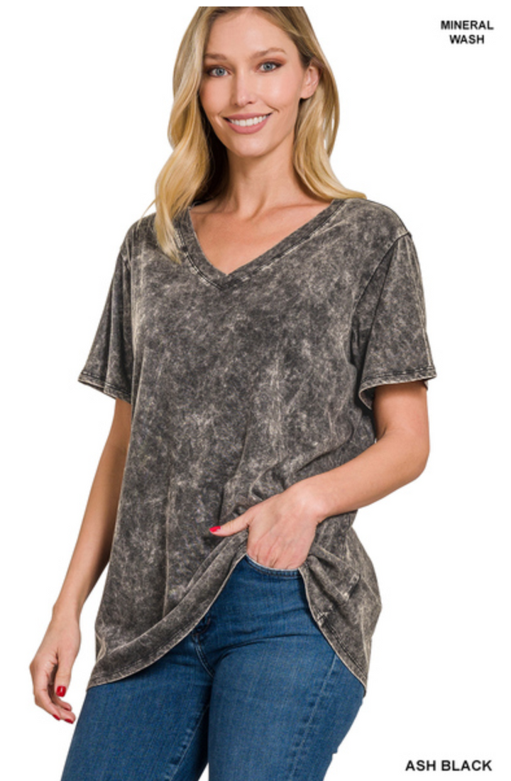 Zenana - Mineral Wash V Neck Tee