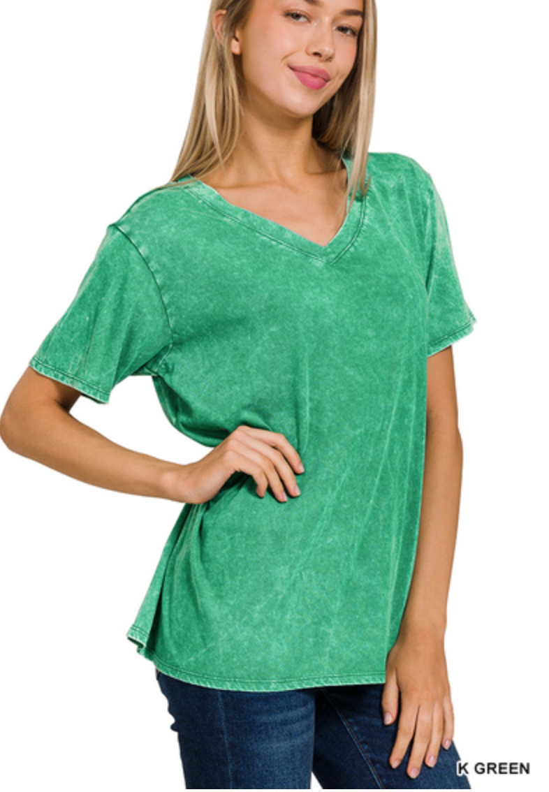 Zenana - Mineral Wash V Neck Tee