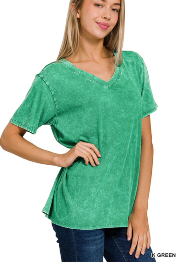Zenana - Mineral Wash V Neck Tee