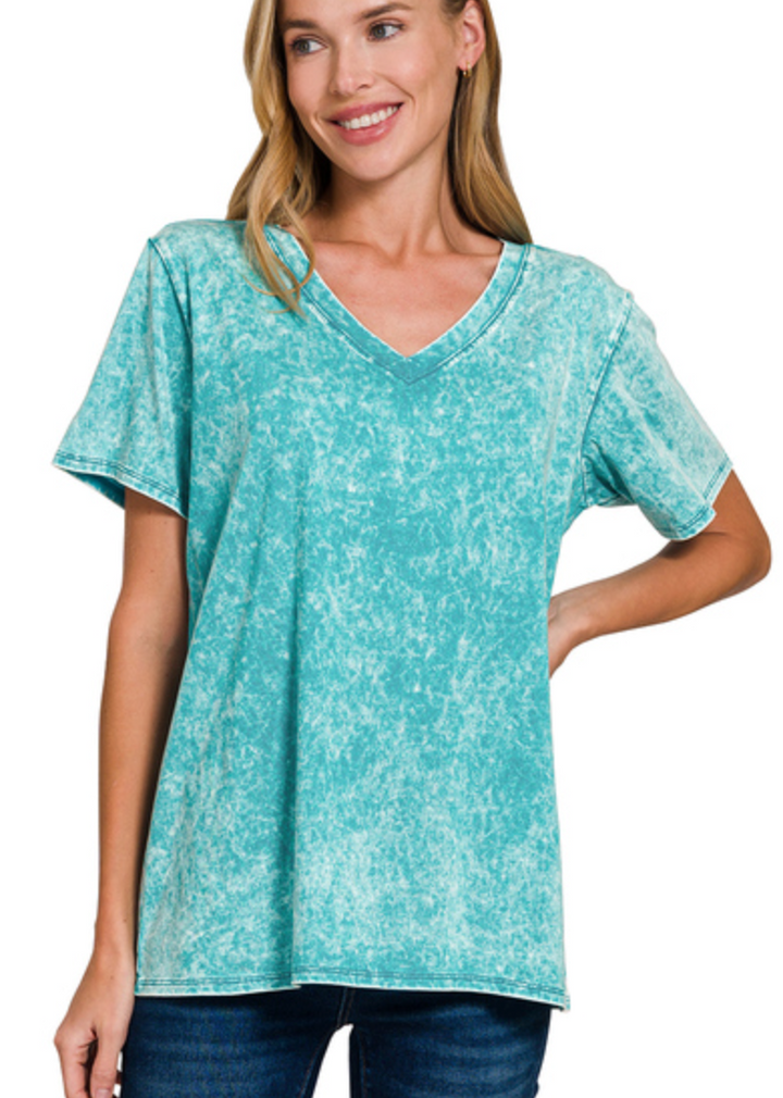 Zenana - Mineral Wash V Neck Tee