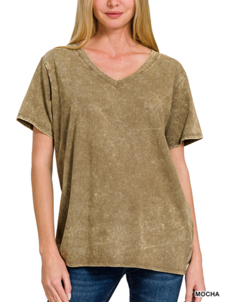 Zenana - Mineral Wash V Neck Tee