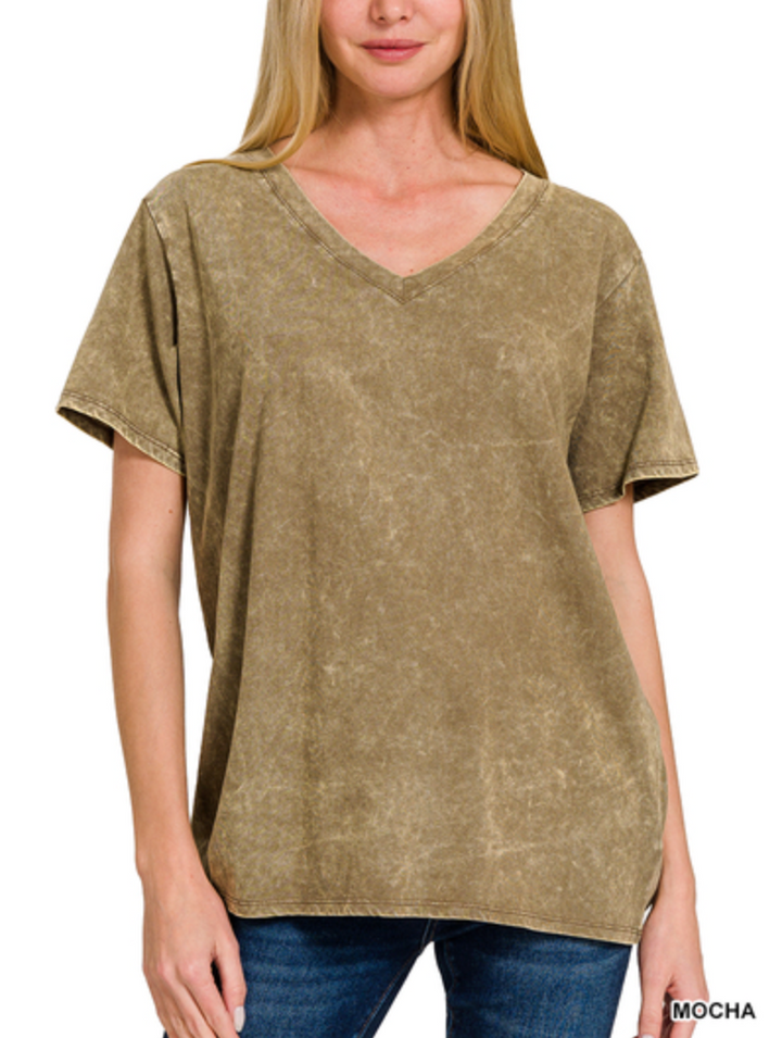 Zenana - Mineral Wash V Neck Tee