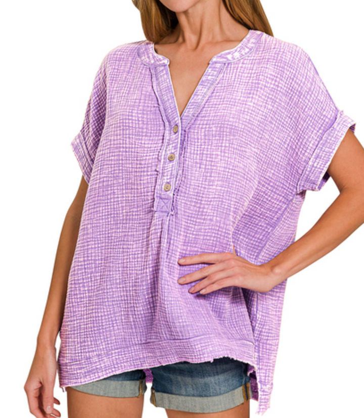 Zenana - Cotton Henley Short Sleeve Top
