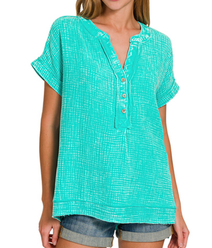 Zenana - Cotton Henley Short Sleeve Top