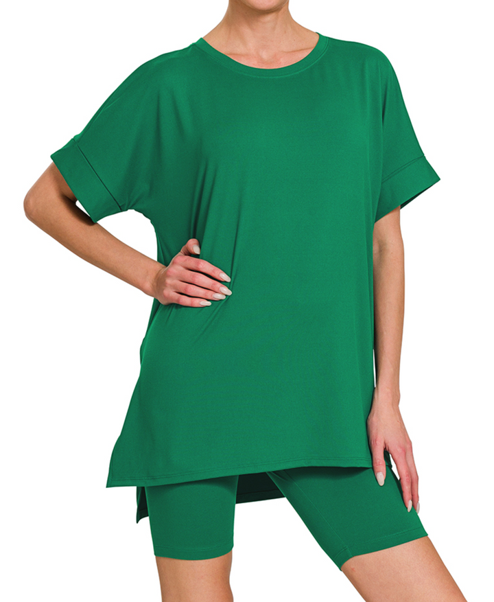 Zenana - Brushed dty microfiber round-neck top & biker shorts