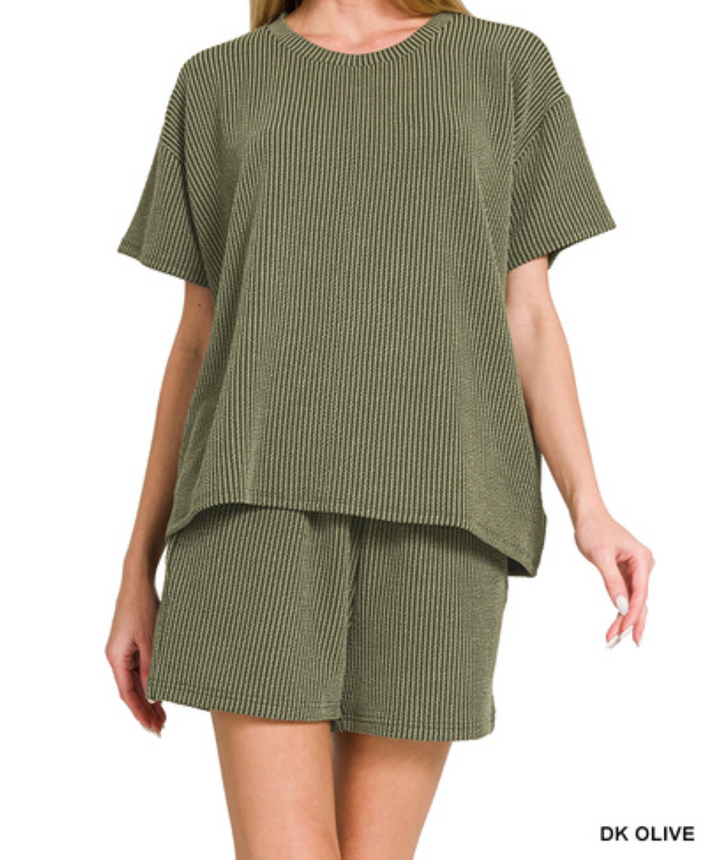 Zenana - Corded rib short sleeve tee & short set
