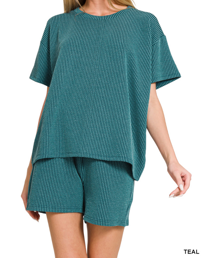 Zenana - Corded rib short sleeve tee & short set