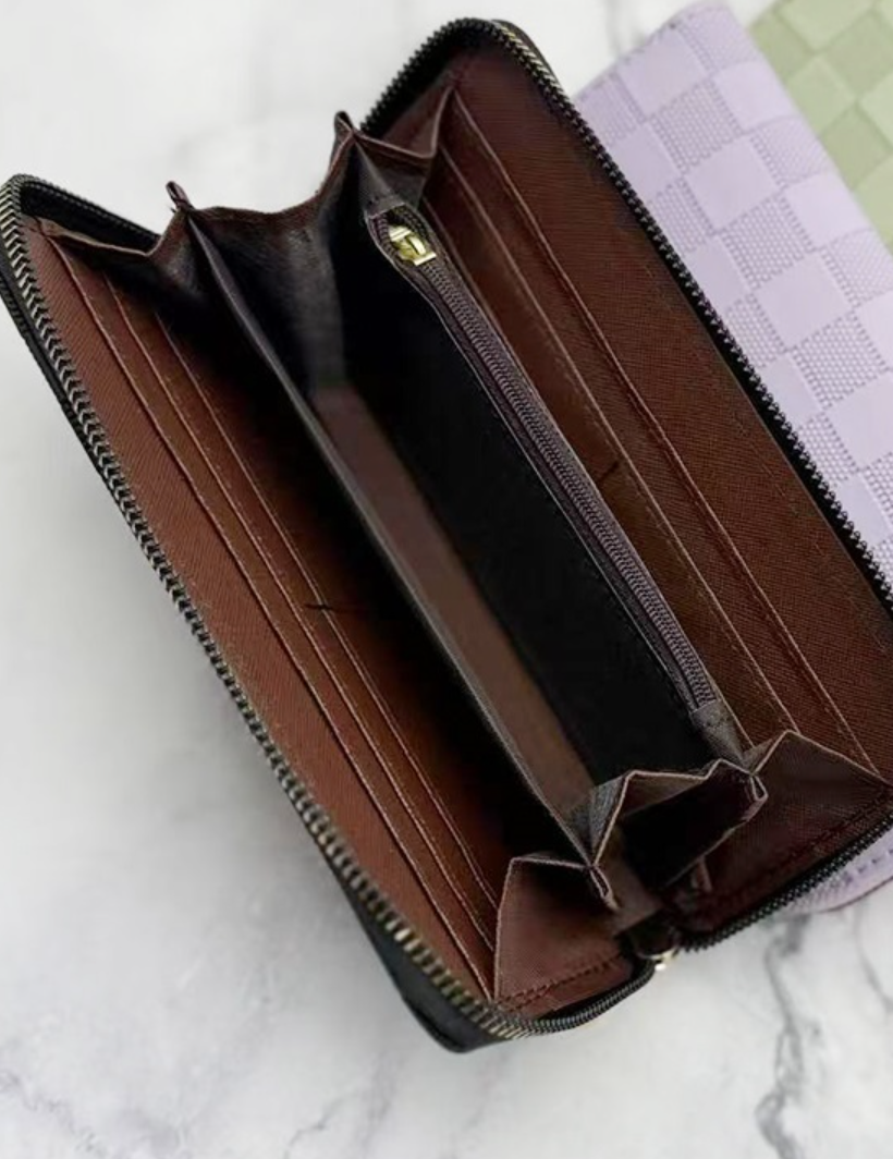 Checkered monogram vegan leather long wallet