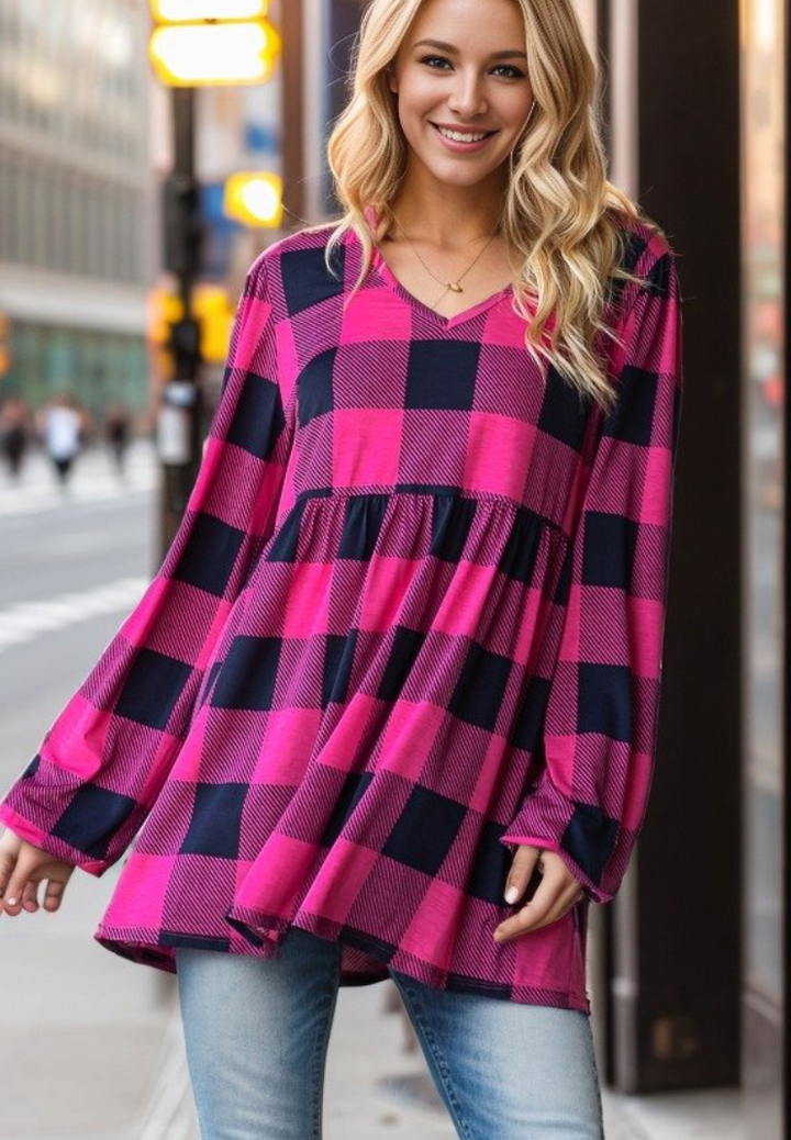 Heimish - V Neck Pink Plaid Top