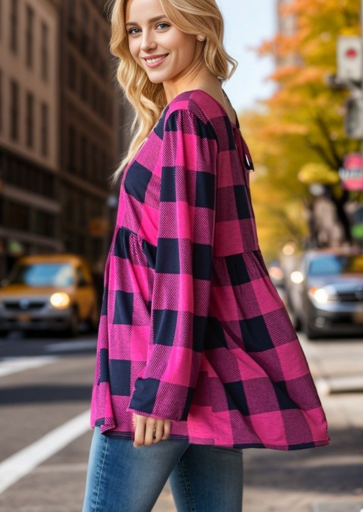 Heimish - V Neck Pink Plaid Top