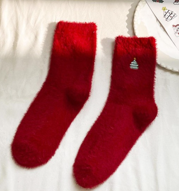 Embroidered Christmas Fuzzy Socks